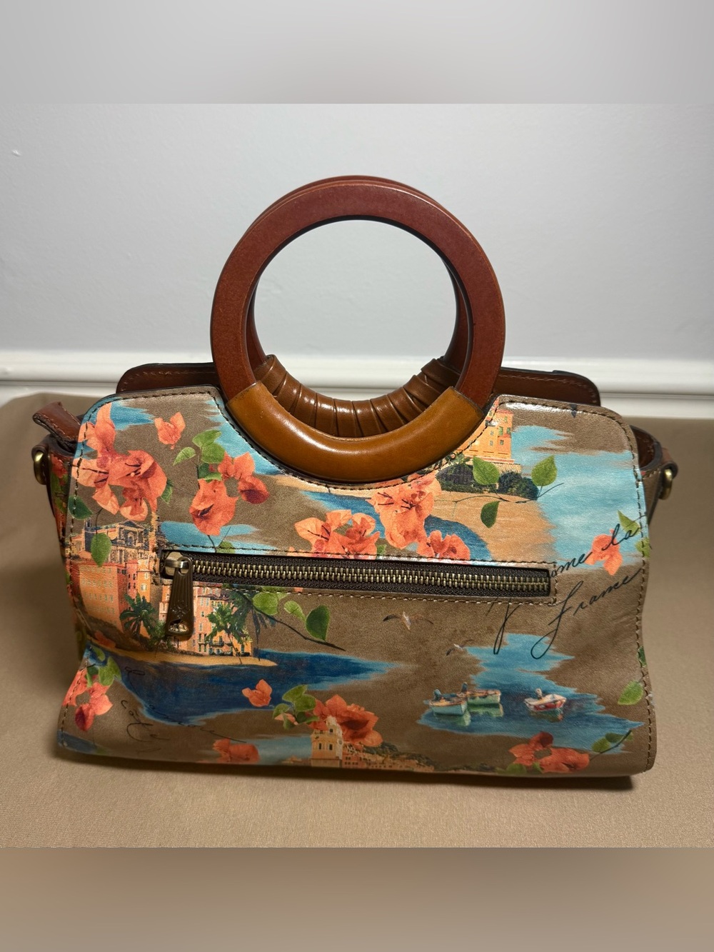 Patricia Nash Brown Floral Coastal Print Satchel with Blue Accents - Picture 2 of 8